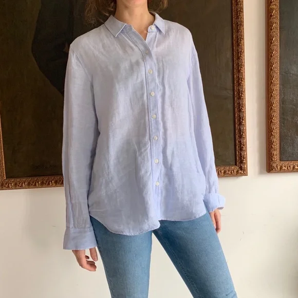 Light Blue Linen Button-Up Shirt - Women - Picture 4 of 6